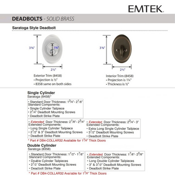 Emtek 8458 Saratoga Deadbolt - Brass - Single Cylinder
